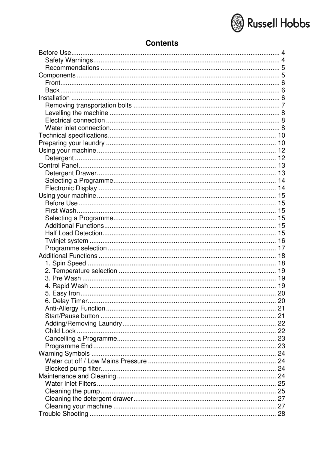 Russell Hobbs RH1261TW instruction manual Contents 