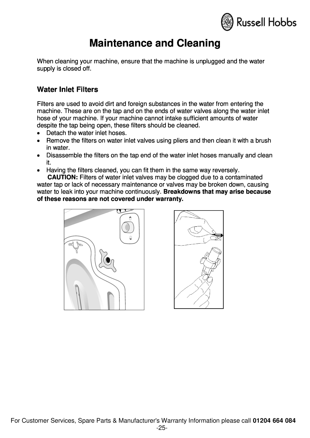 Russell Hobbs RH1261TW instruction manual Maintenance and Cleaning, Water Inlet Filters 