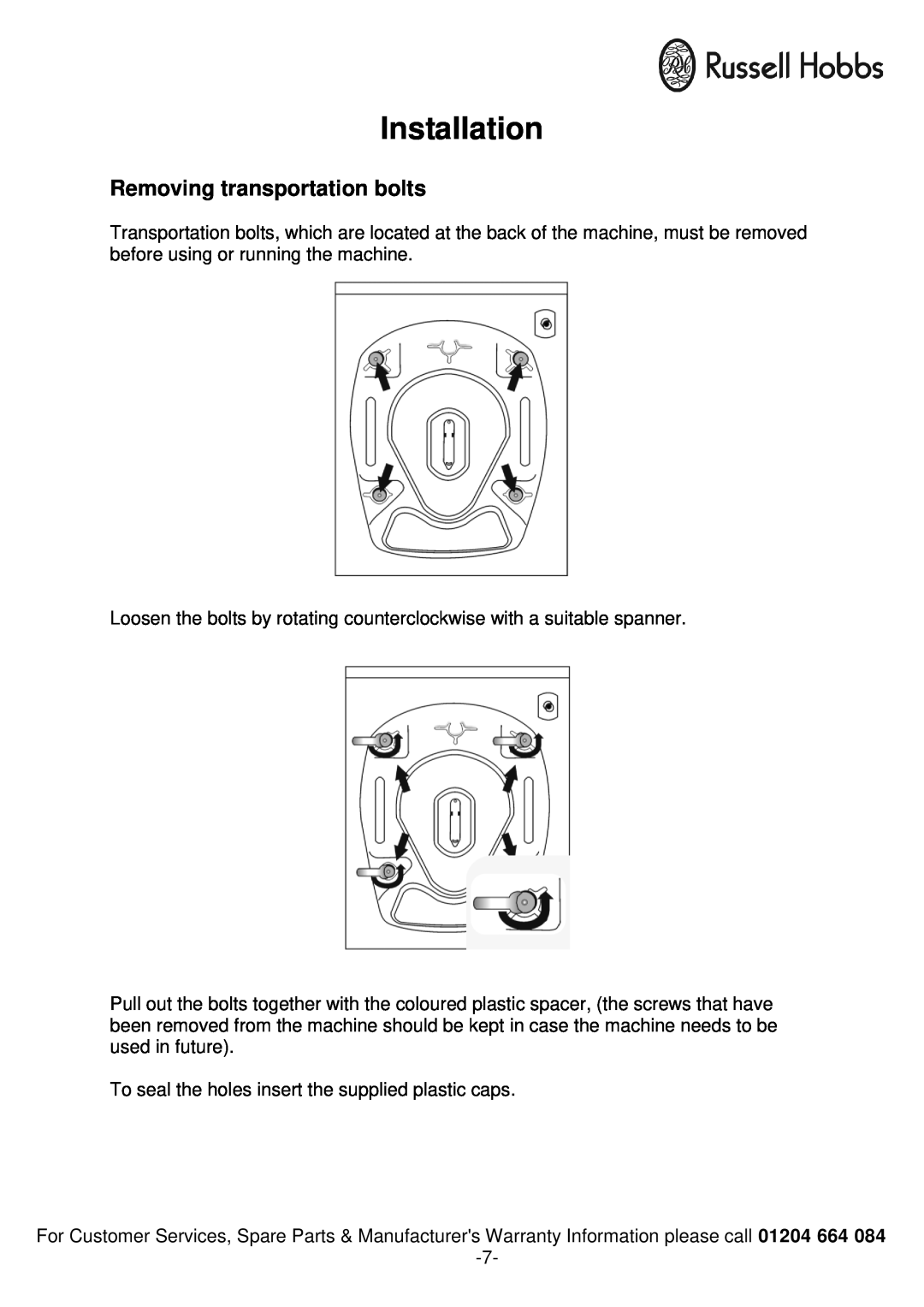 Russell Hobbs RH1261TW instruction manual Installation, Removing transportation bolts 
