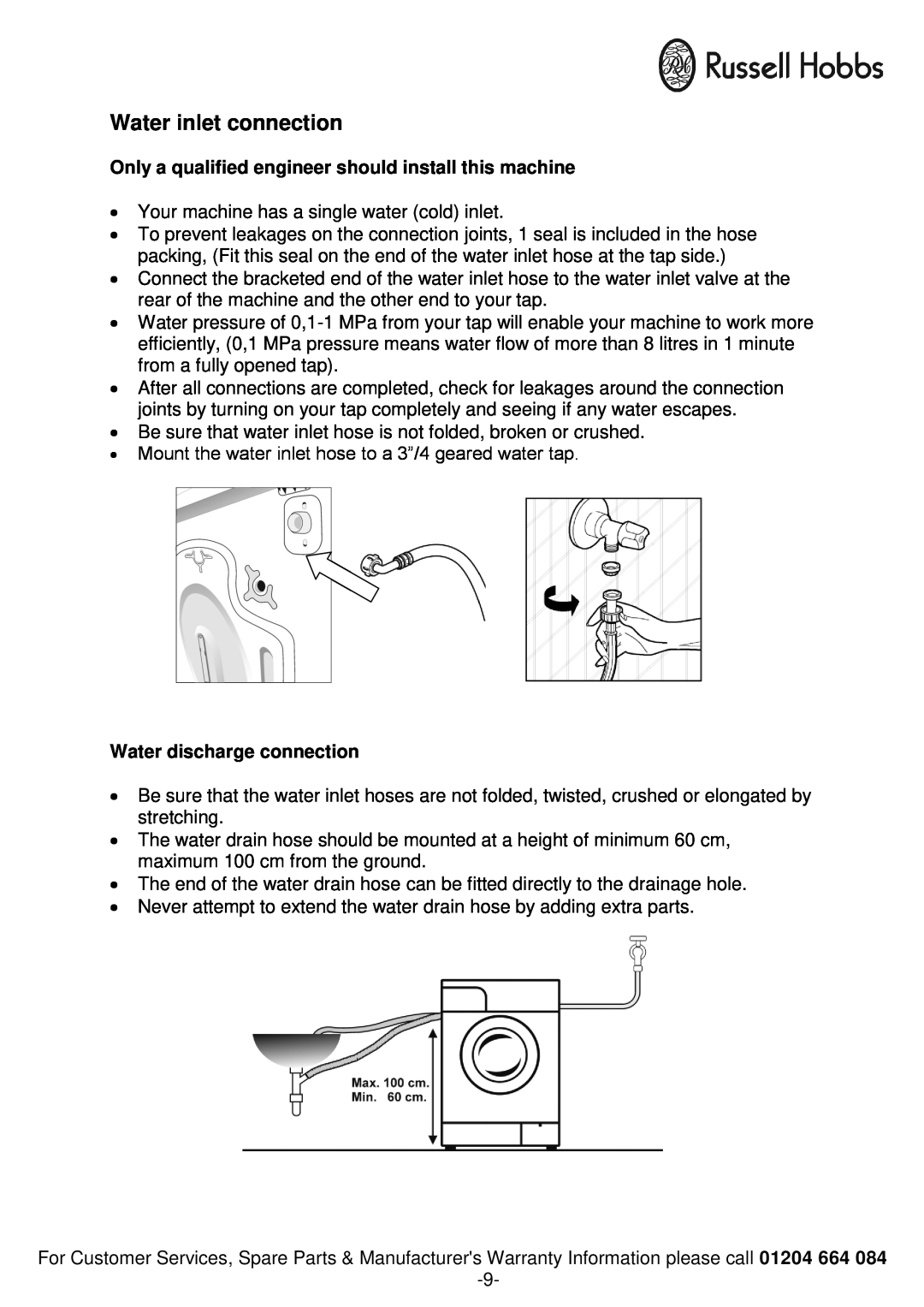 Russell Hobbs RH1261TW instruction manual Water inlet connection, Only a qualified engineer should install this machine 