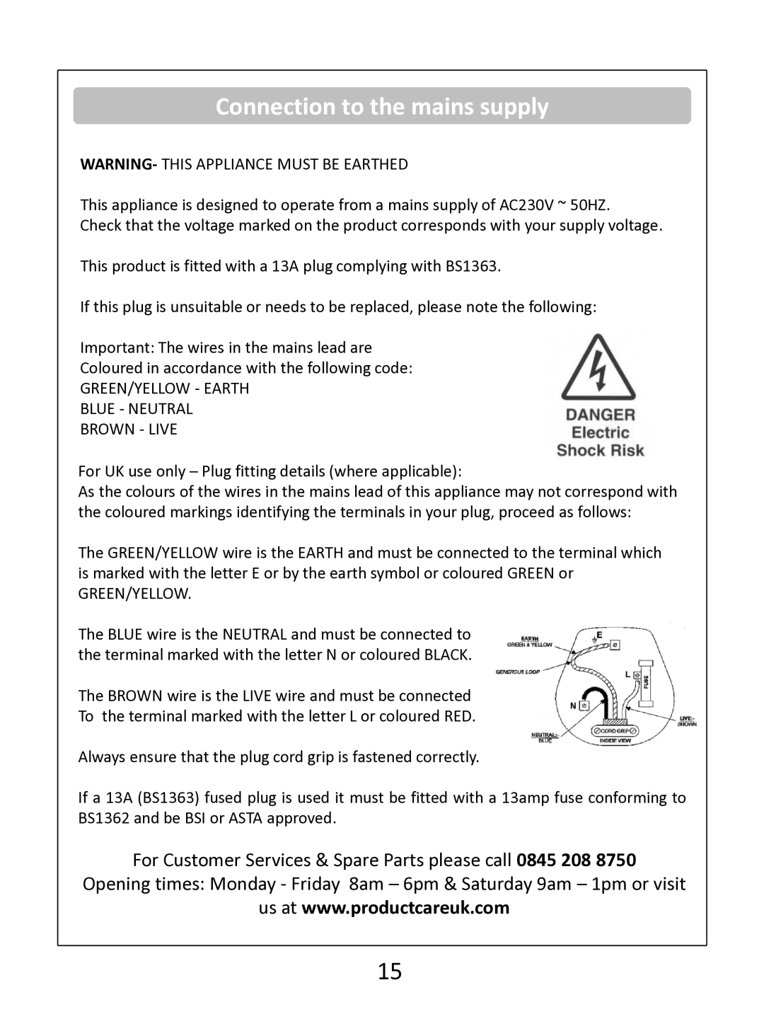 Russell Hobbs RHCF103 instruction manual Connection to the mains supply, GREEN/YELLOW Earth Blue Neutral Brown Live 