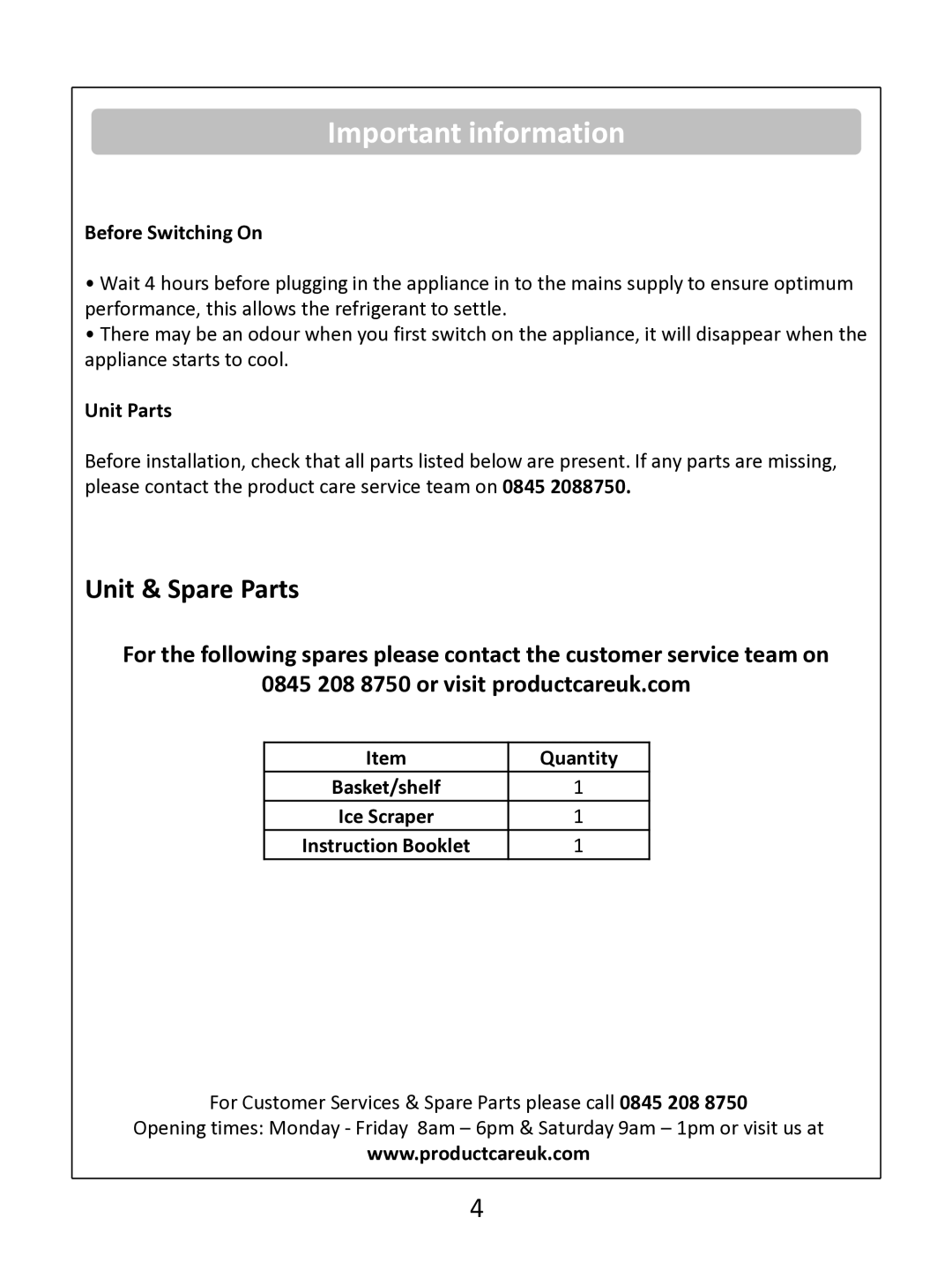 Russell Hobbs RHCF103 instruction manual Important information, Before Switching On, Unit Parts, Quantity 