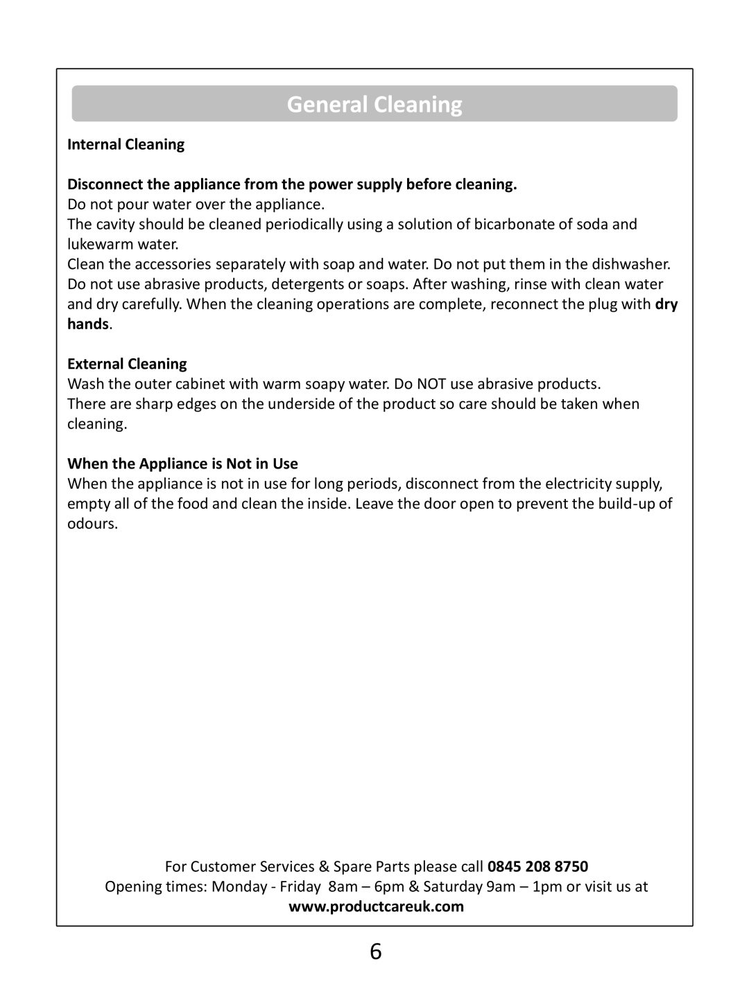 Russell Hobbs RHCF103 General Cleaning, Internal Cleaning, External Cleaning, When the Appliance is Not in Use 