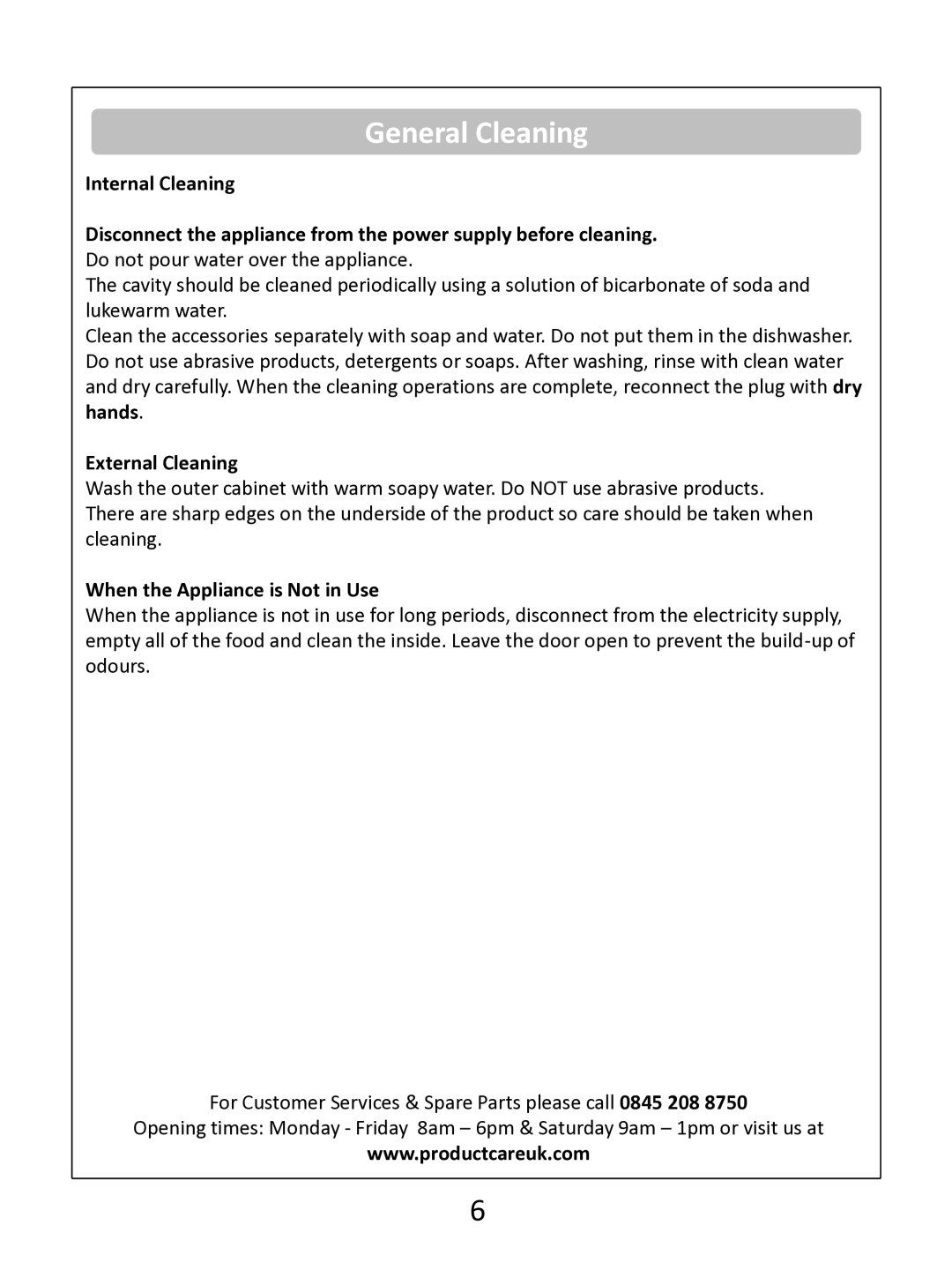 Russell Hobbs RHCF150 instruction manual General Cleaning, External Cleaning, When the Appliance is Not in Use 