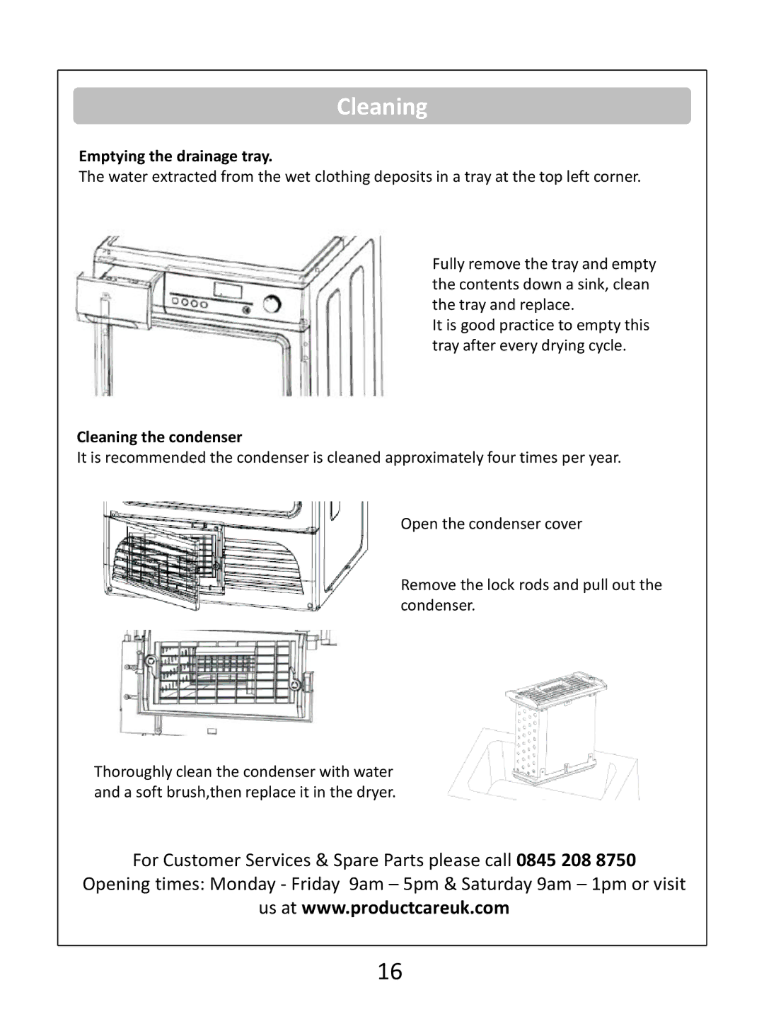 Russell Hobbs RHCTD200B instruction manual Emptying the drainage tray, Cleaning the condenser 