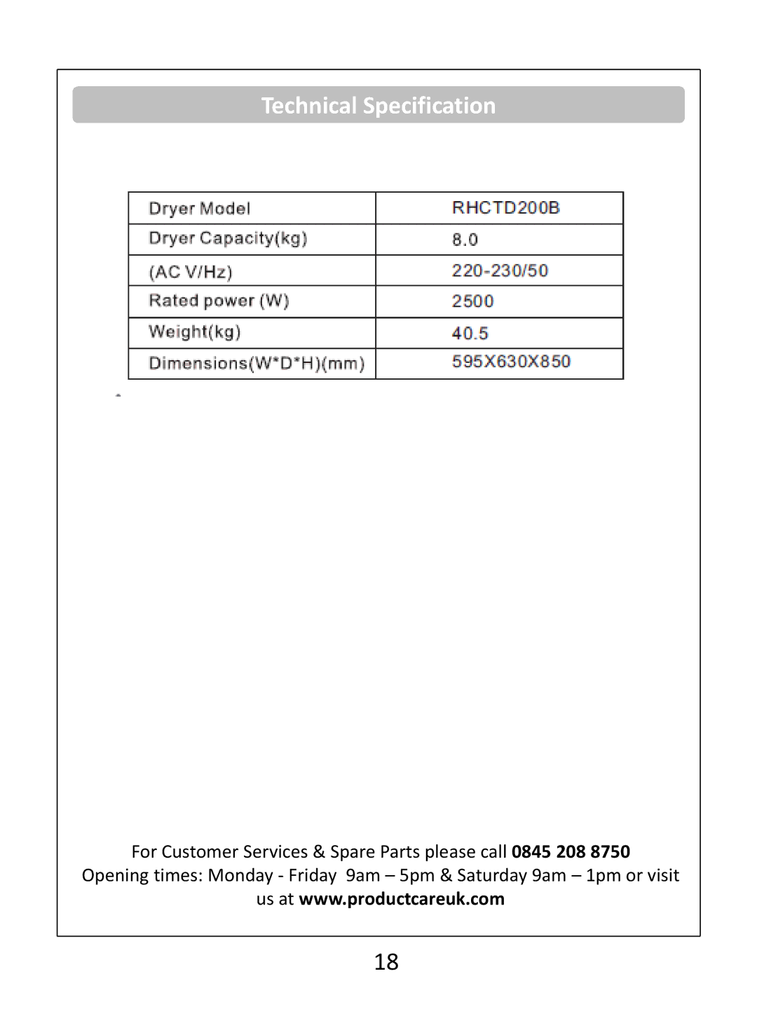 Russell Hobbs RHCTD200B instruction manual Technical Specification 