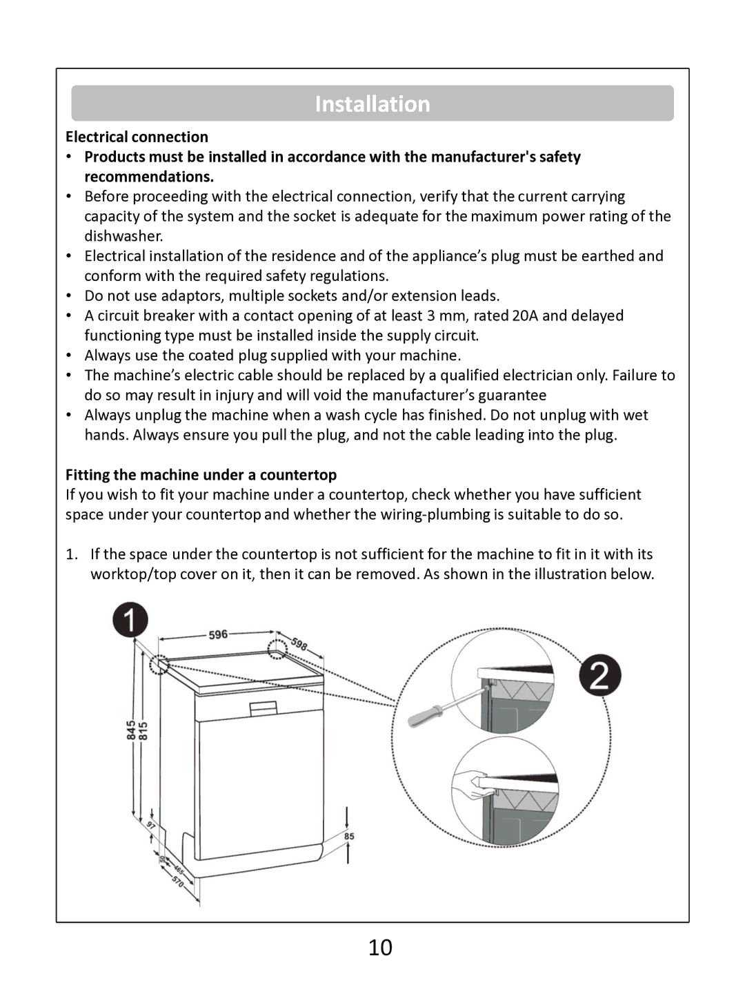 Russell Hobbs RHDW1 (B) (S) (G) instruction manual Fitting the machine under a countertop 