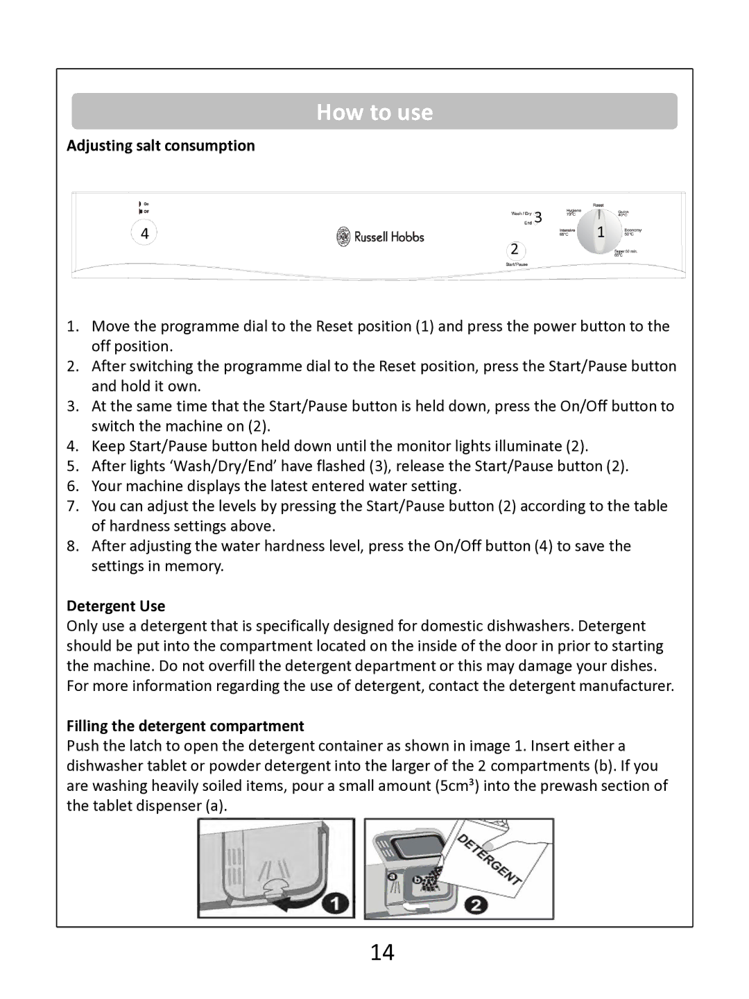 Russell Hobbs RHDW1 (B) (S) (G) Adjusting salt consumption, Detergent Use, Filling the detergent compartment 