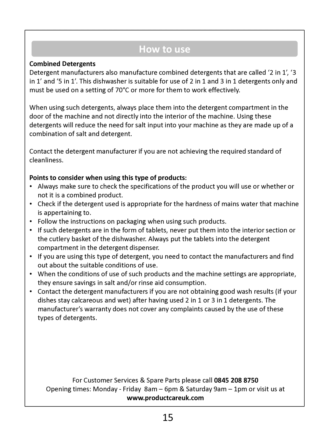 Russell Hobbs RHDW1 (B) (S) (G) instruction manual Combined Detergents, Points to consider when using this type of products 