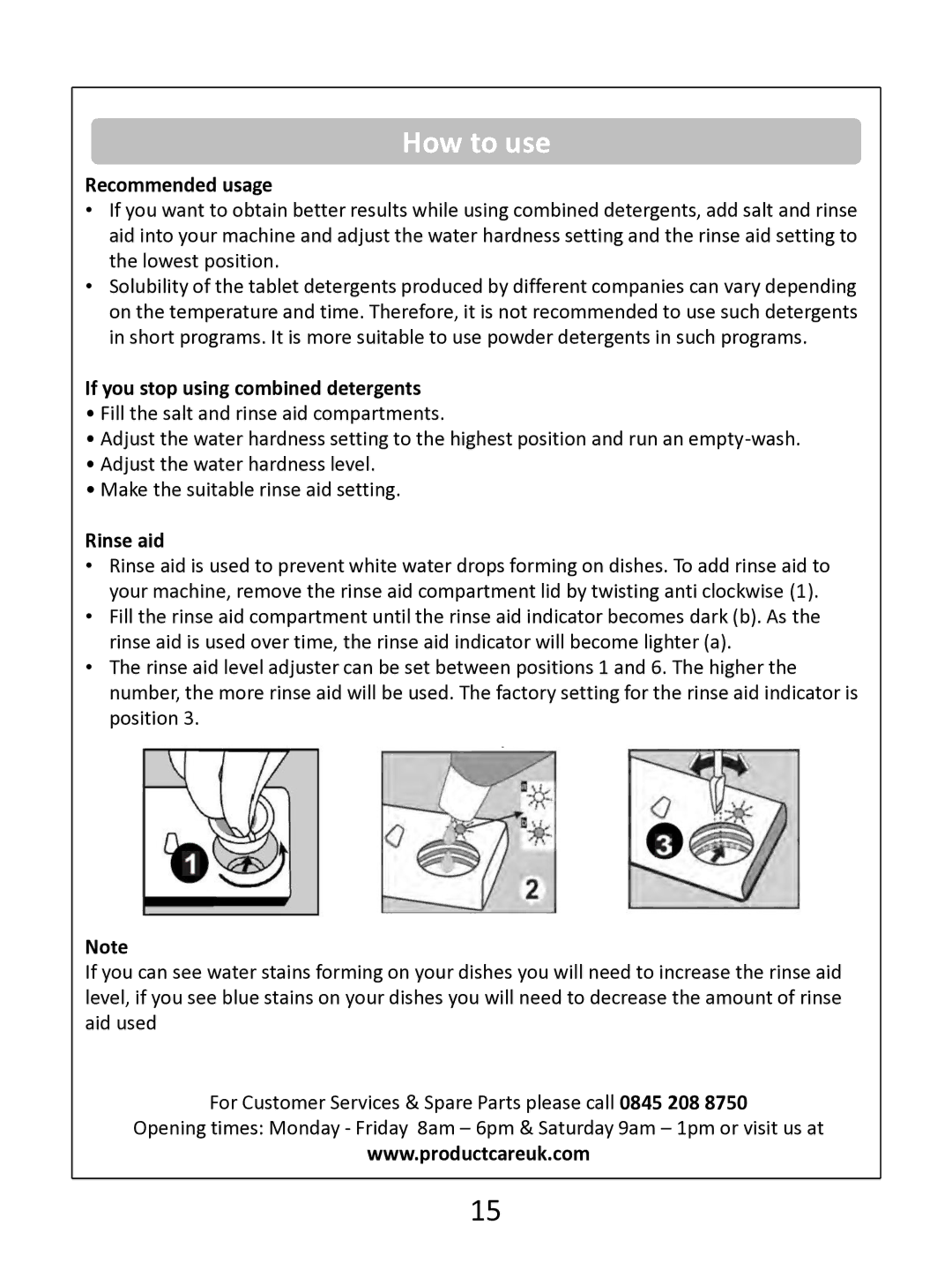 Russell Hobbs RHDW1 (B) (S) (G) instruction manual Recommended usage, If you stop using combined detergents, Rinse aid 