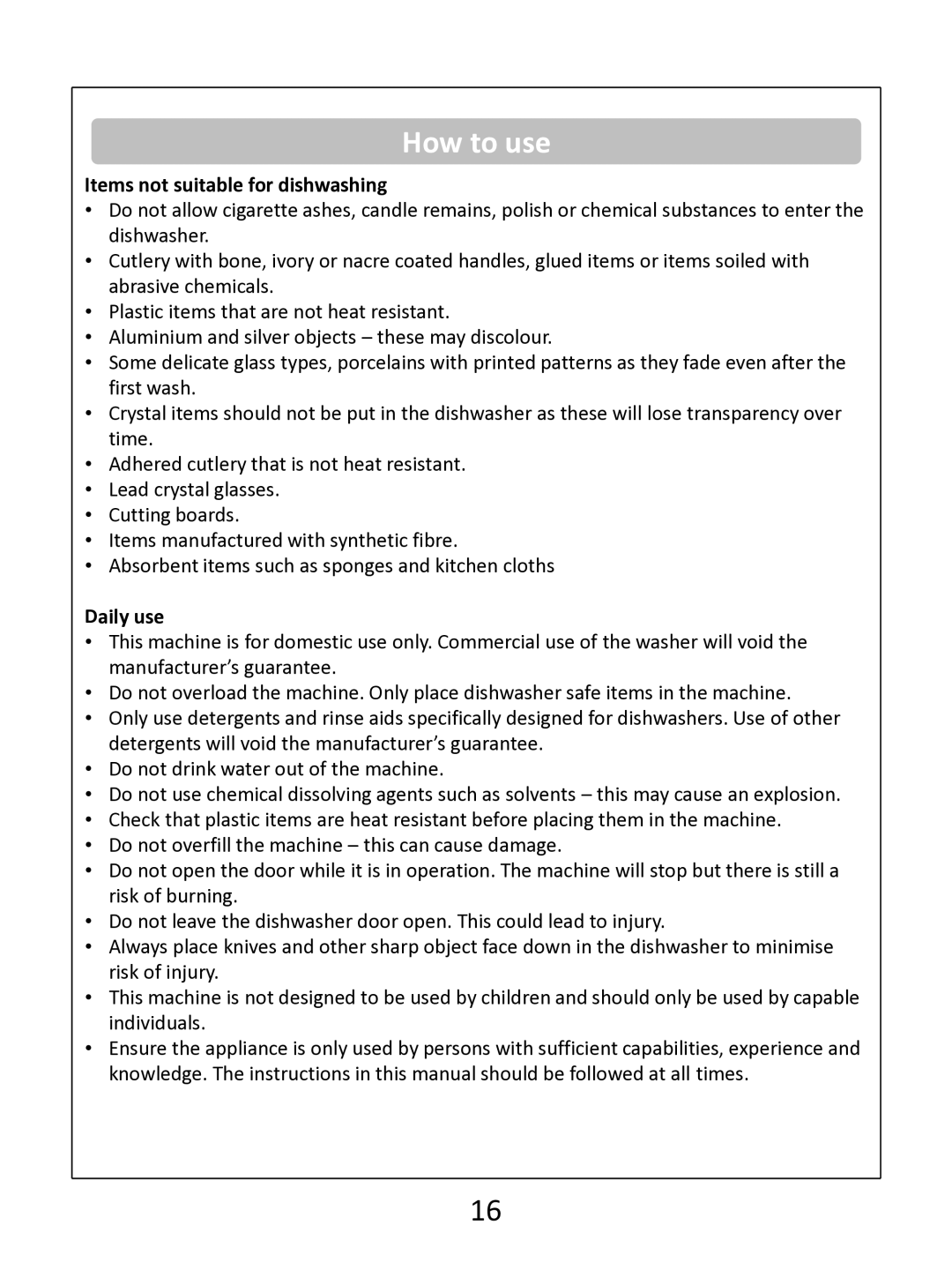 Russell Hobbs RHDW1 (B) (S) (G) instruction manual Items not suitable for dishwashing, Daily use 