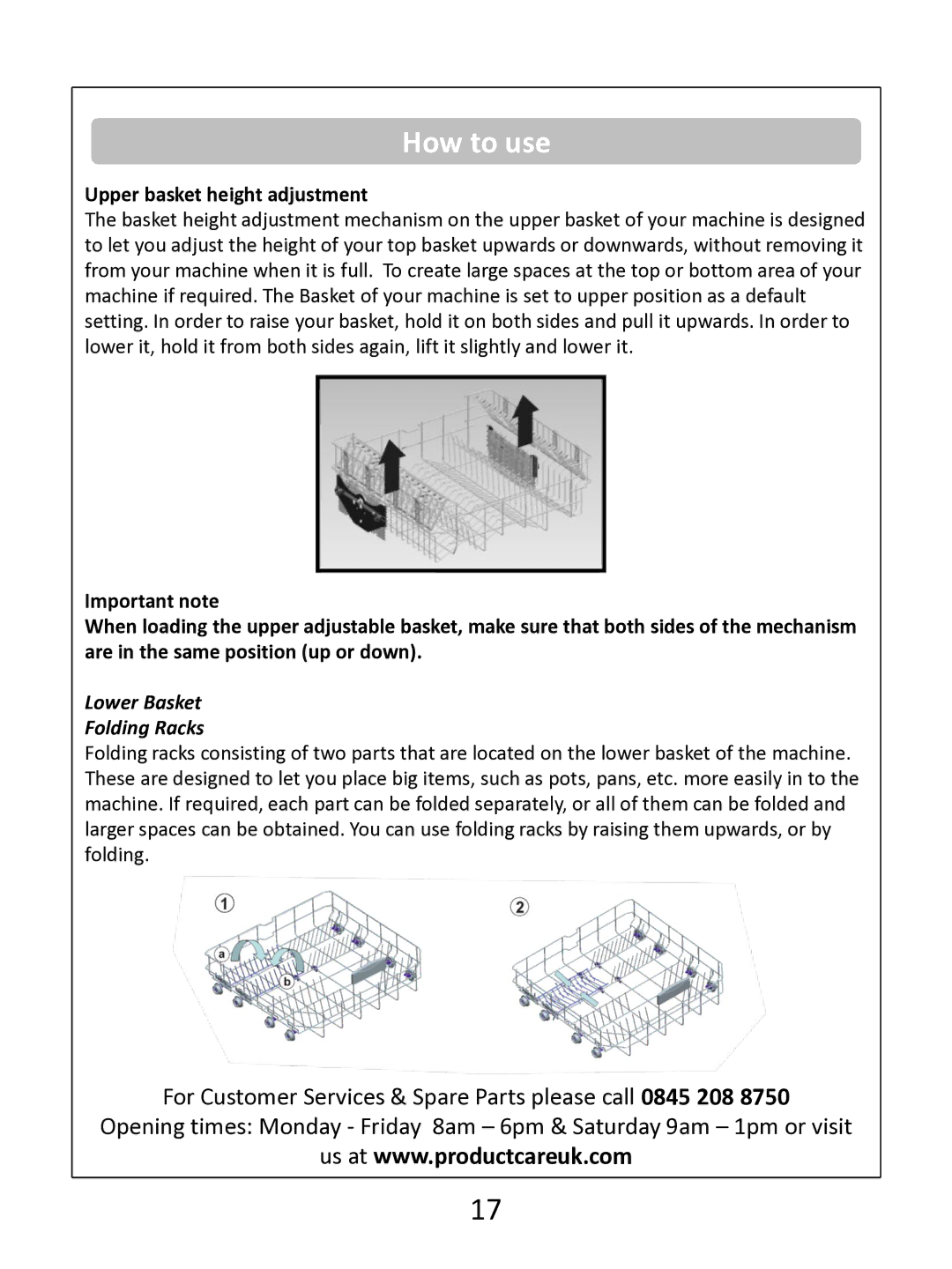 Russell Hobbs RHDW1 (B) (S) (G) instruction manual Upper basket height adjustment, Lower Basket Folding Racks 