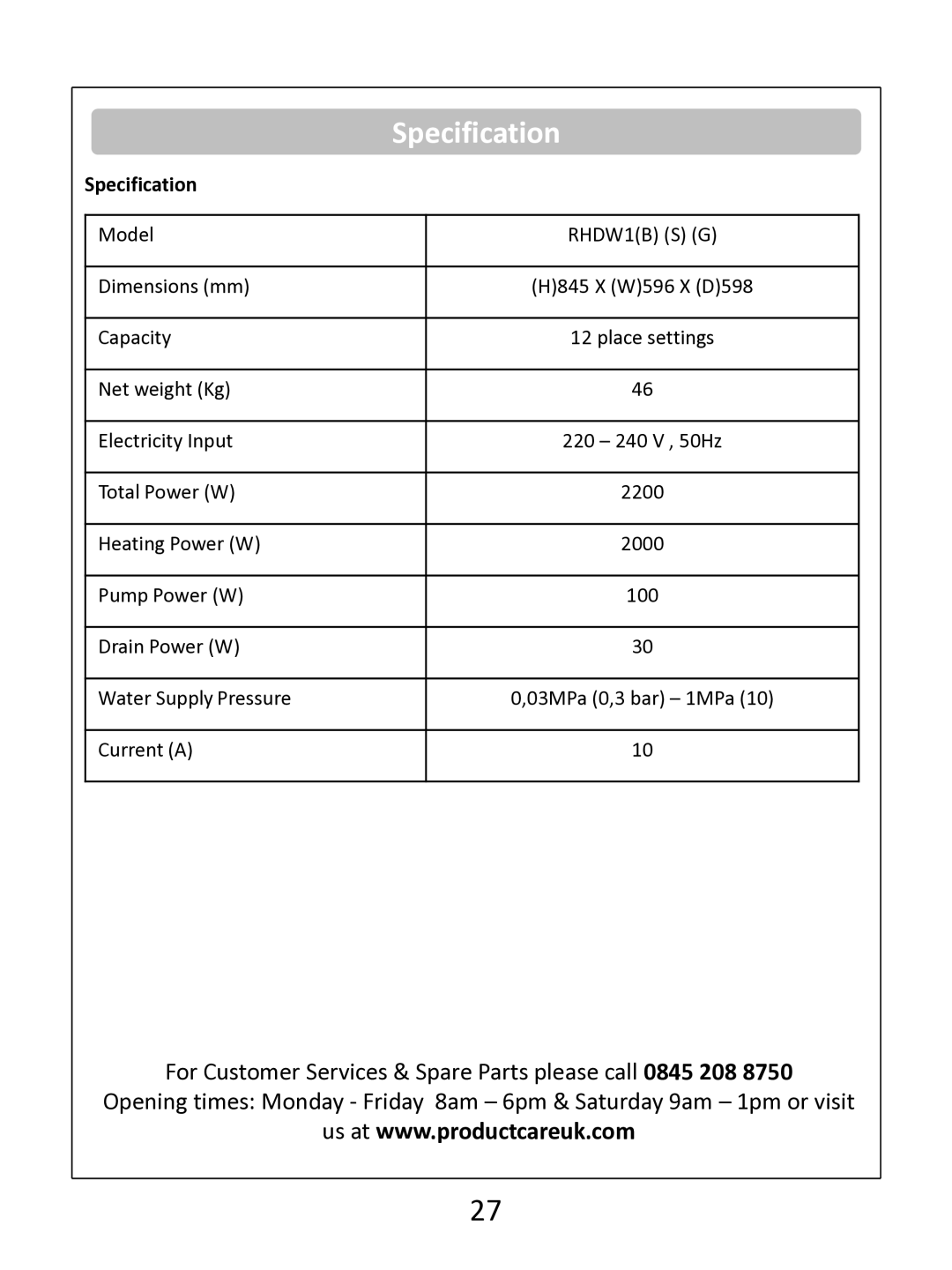 Russell Hobbs RHDW1 (B) (S) (G) instruction manual Specification 