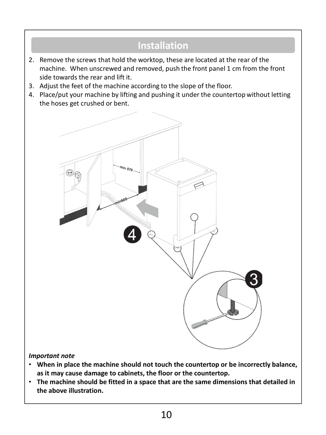 Russell Hobbs RHDW1 (B) (S) (G) instruction manual Installation, Important note 