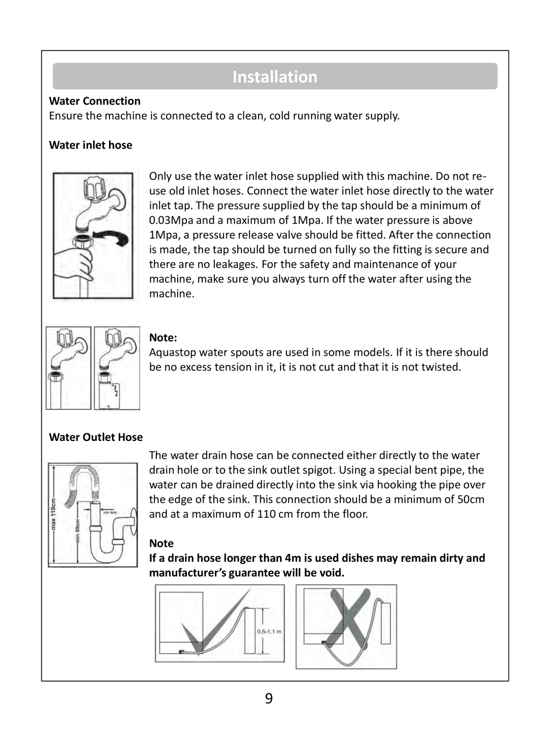 Russell Hobbs RHDW1 (B) (S) (G) instruction manual Installation, Water Connection, Water inlet hose, Water Outlet Hose 