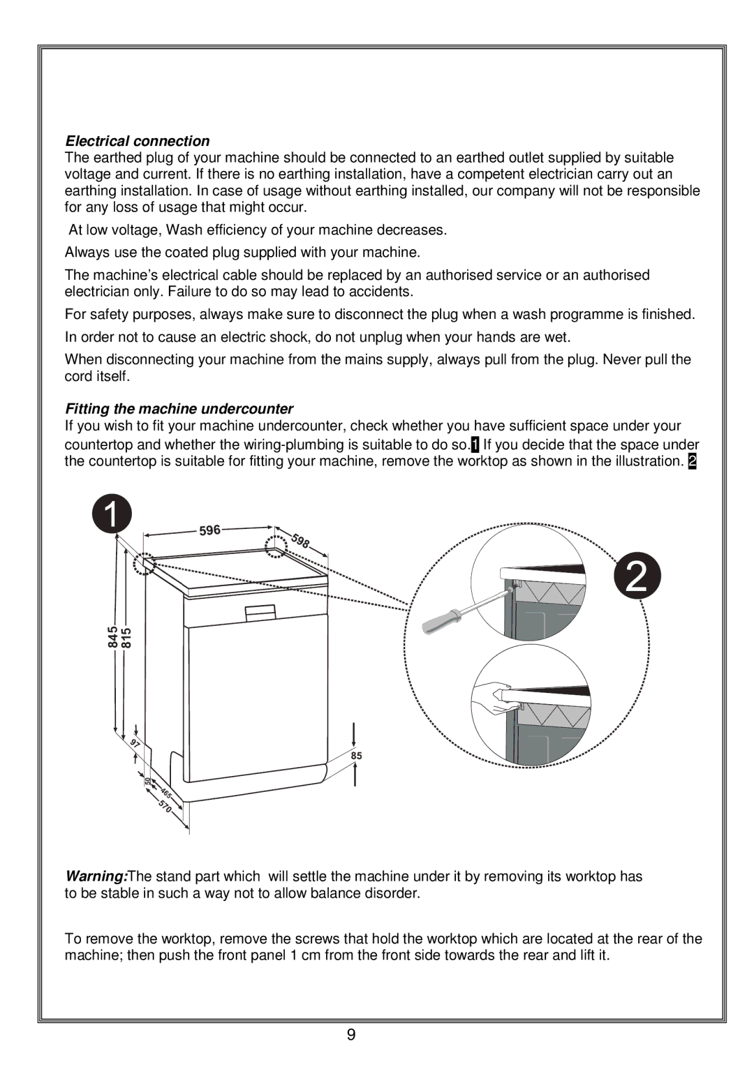 Russell Hobbs RHDW1 instruction manual Electrical connection, Fitting the machine undercounter 