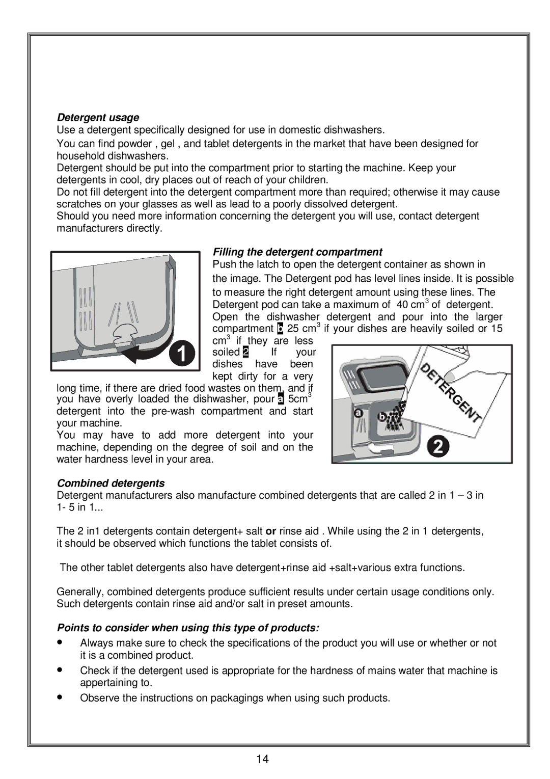 Russell Hobbs RHDW1 instruction manual Detergent usage, Filling the detergent compartment, Combined detergents 