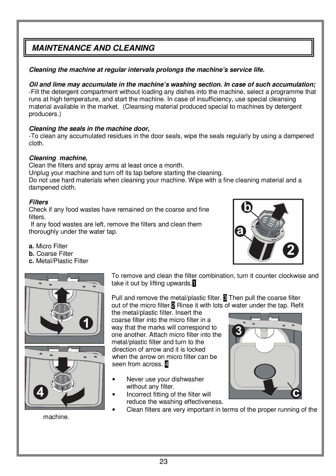 Russell Hobbs RHDW1 instruction manual Maintenance and Cleaning, Cleaning machine, Filters 