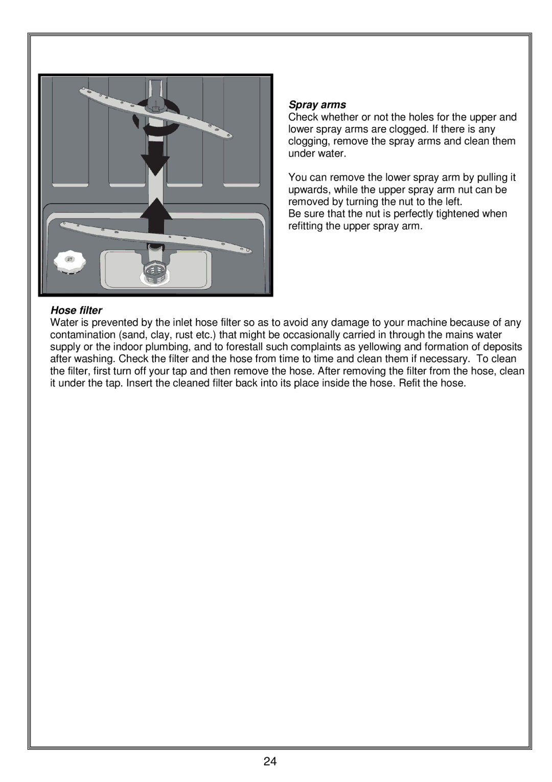 Russell Hobbs RHDW1 instruction manual Spray arms, Hose filter 