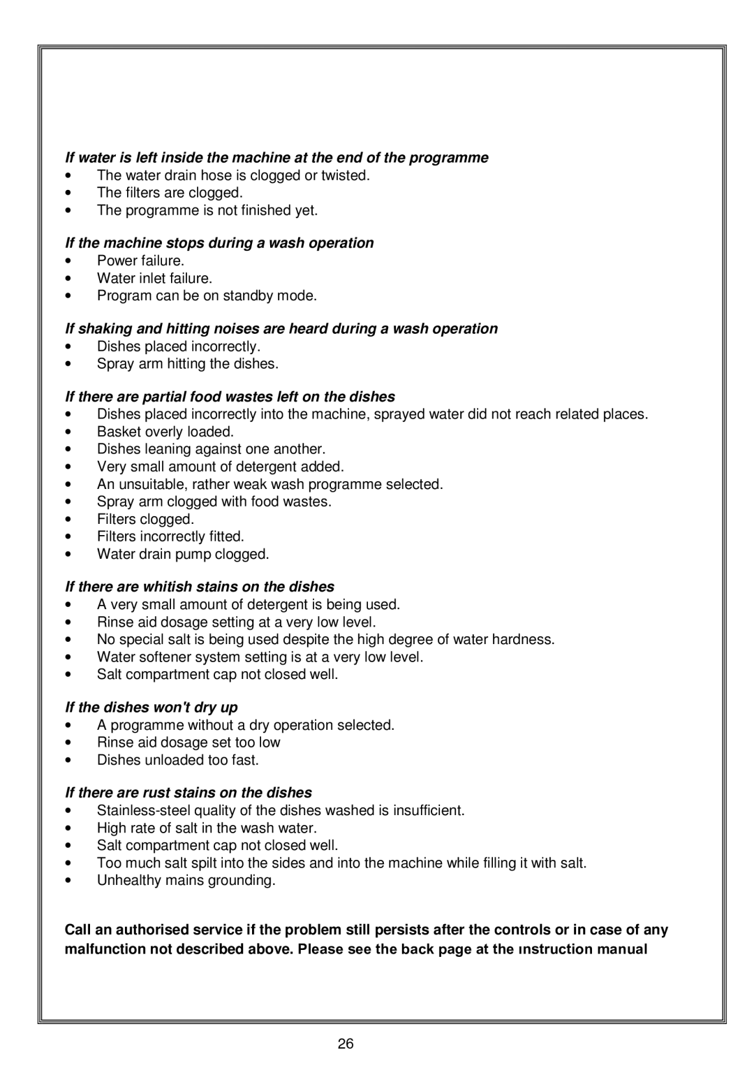 Russell Hobbs RHDW1 If the machine stops during a wash operation, If there are partial food wastes left on the dishes 