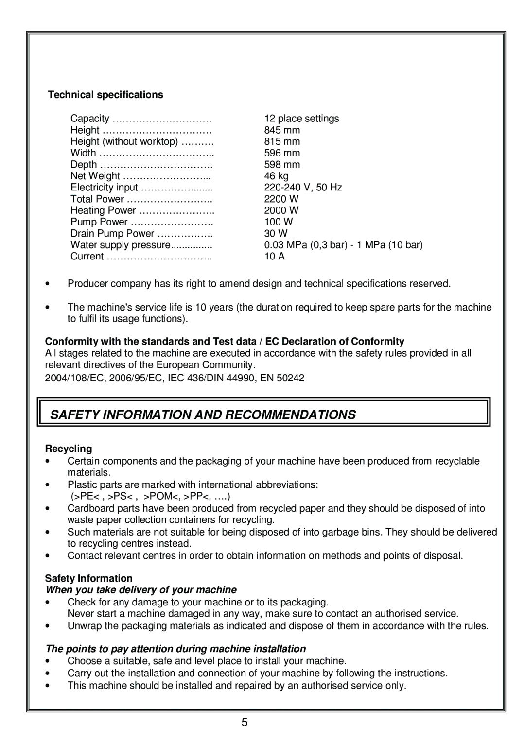 Russell Hobbs RHDW1 instruction manual Safety Information and Recommendations, When you take delivery of your machine 