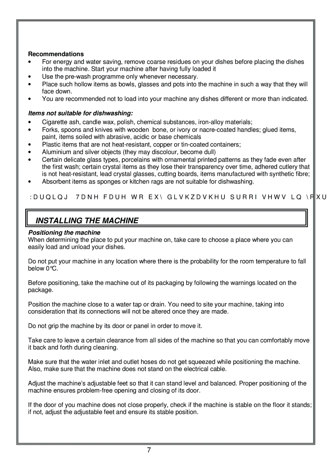 Russell Hobbs RHDW1 instruction manual Installing the Machine, Items not suitable for dishwashing, Positioning the machine 