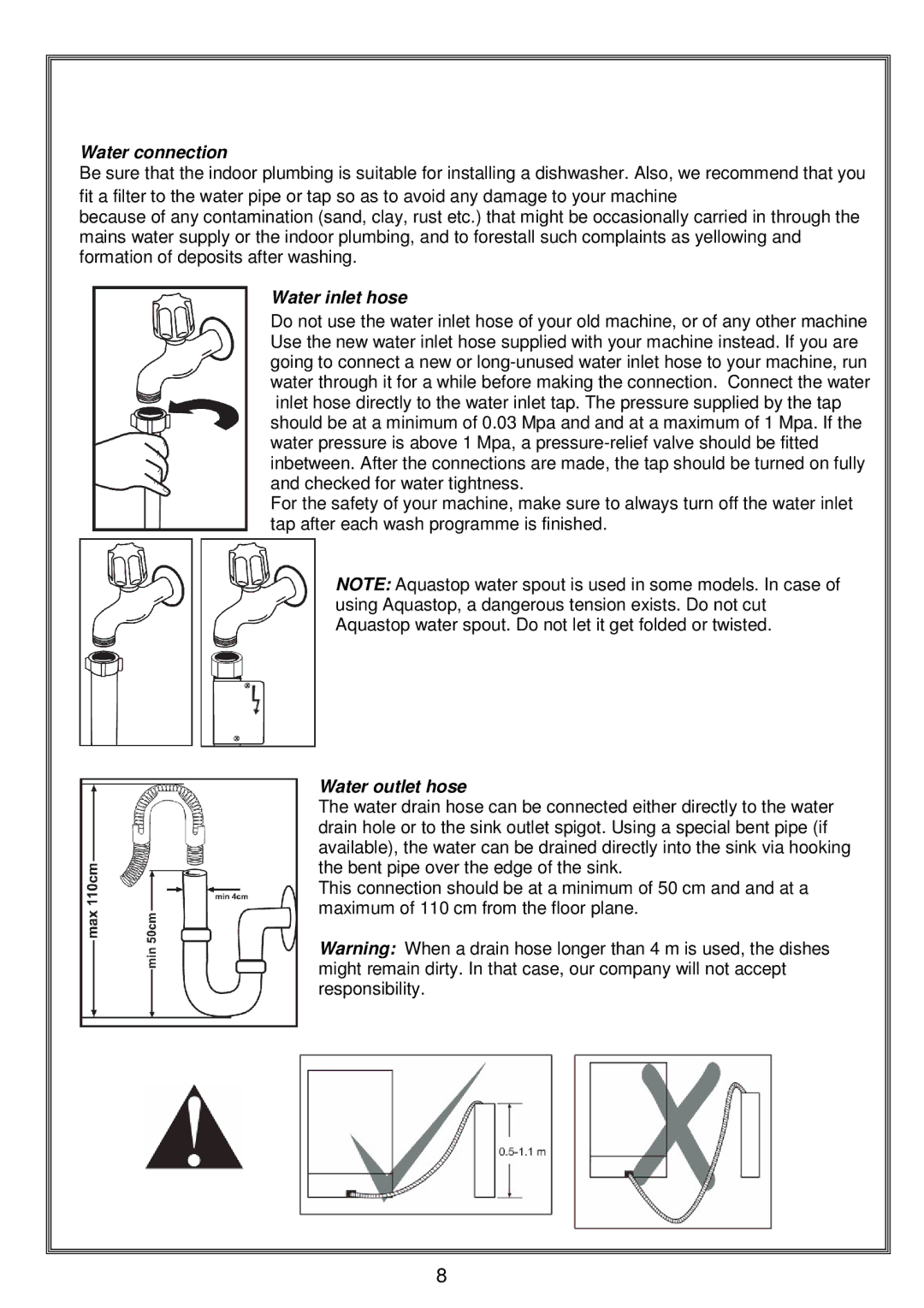 Russell Hobbs RHDW1 instruction manual Water connection, Water inlet hose, Water outlet hose 