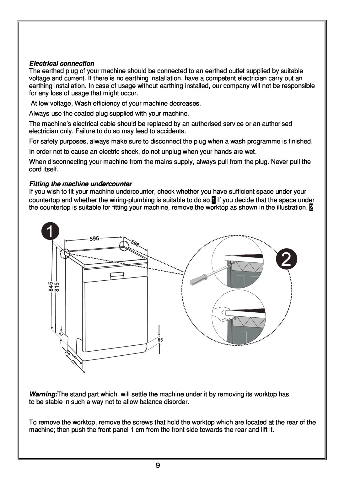 Russell Hobbs RHDW1 instruction manual Electrical connection, Fitting the machine undercounter 
