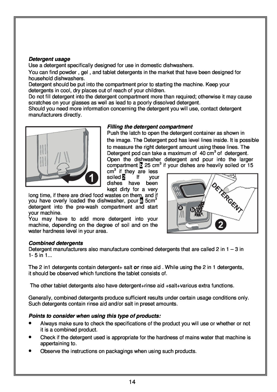 Russell Hobbs RHDW1 instruction manual Detergent usage, Filling the detergent compartment, Combined detergents, dishes 