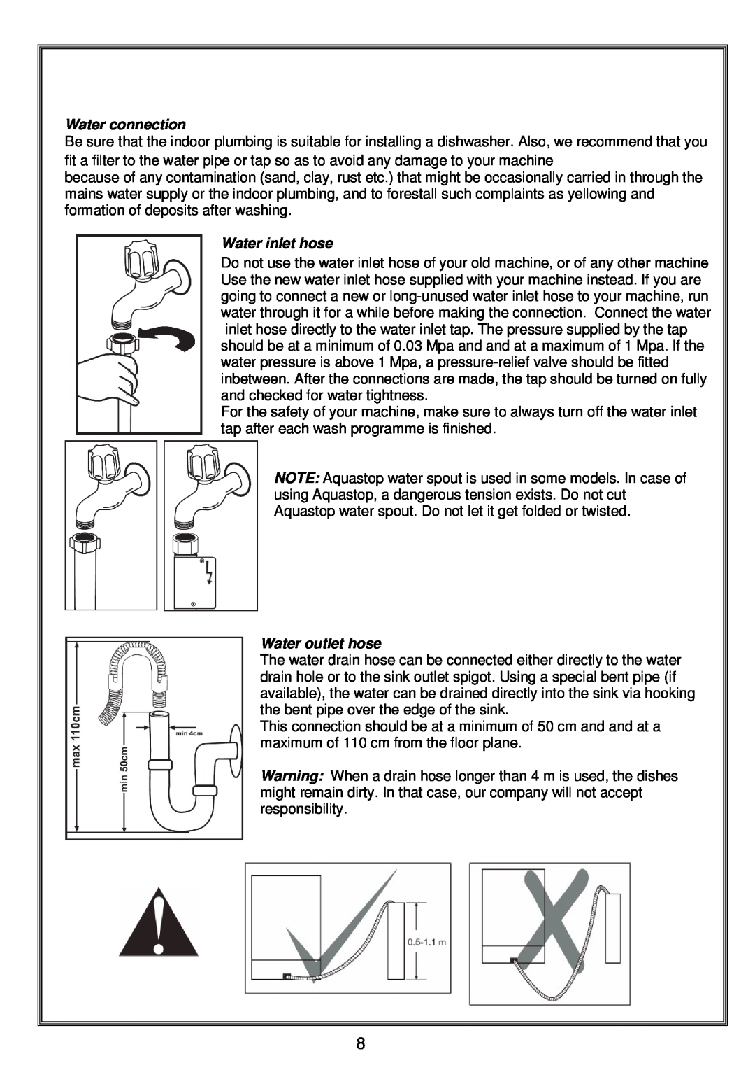 Russell Hobbs RHDW1 instruction manual Water connection, Water inlet hose, Water outlet hose 