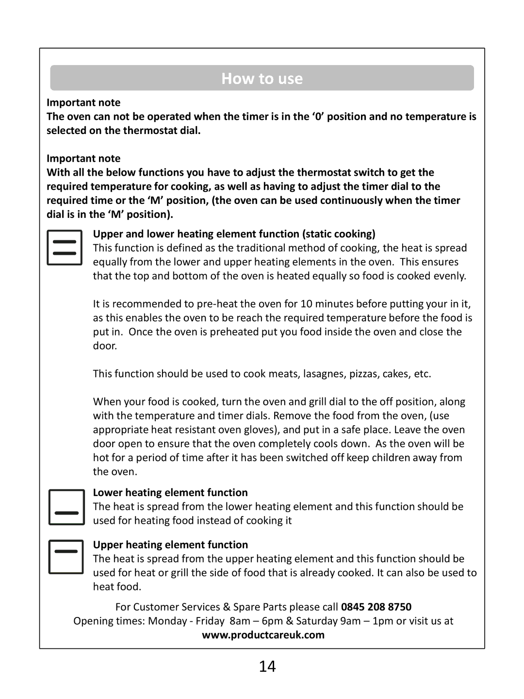 Russell Hobbs RHEC1 instruction manual Lower heating element function, Upper heating element function 