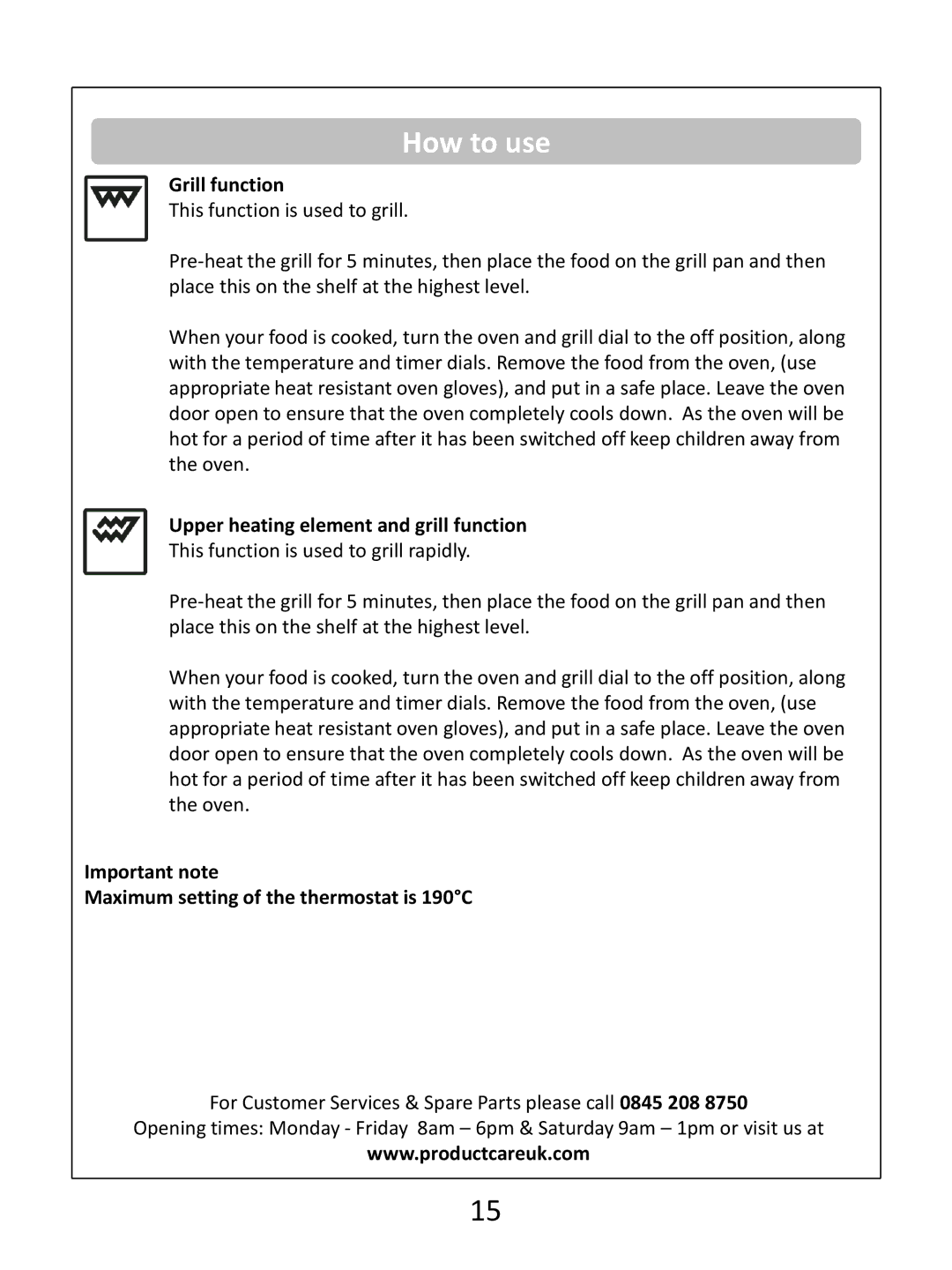 Russell Hobbs RHEC1 instruction manual Grill function, Upper heating element and grill function 