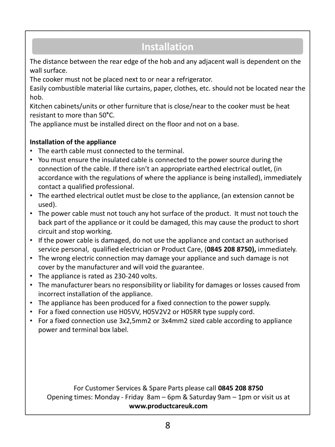 Russell Hobbs RHEC1 instruction manual Installation of the appliance 