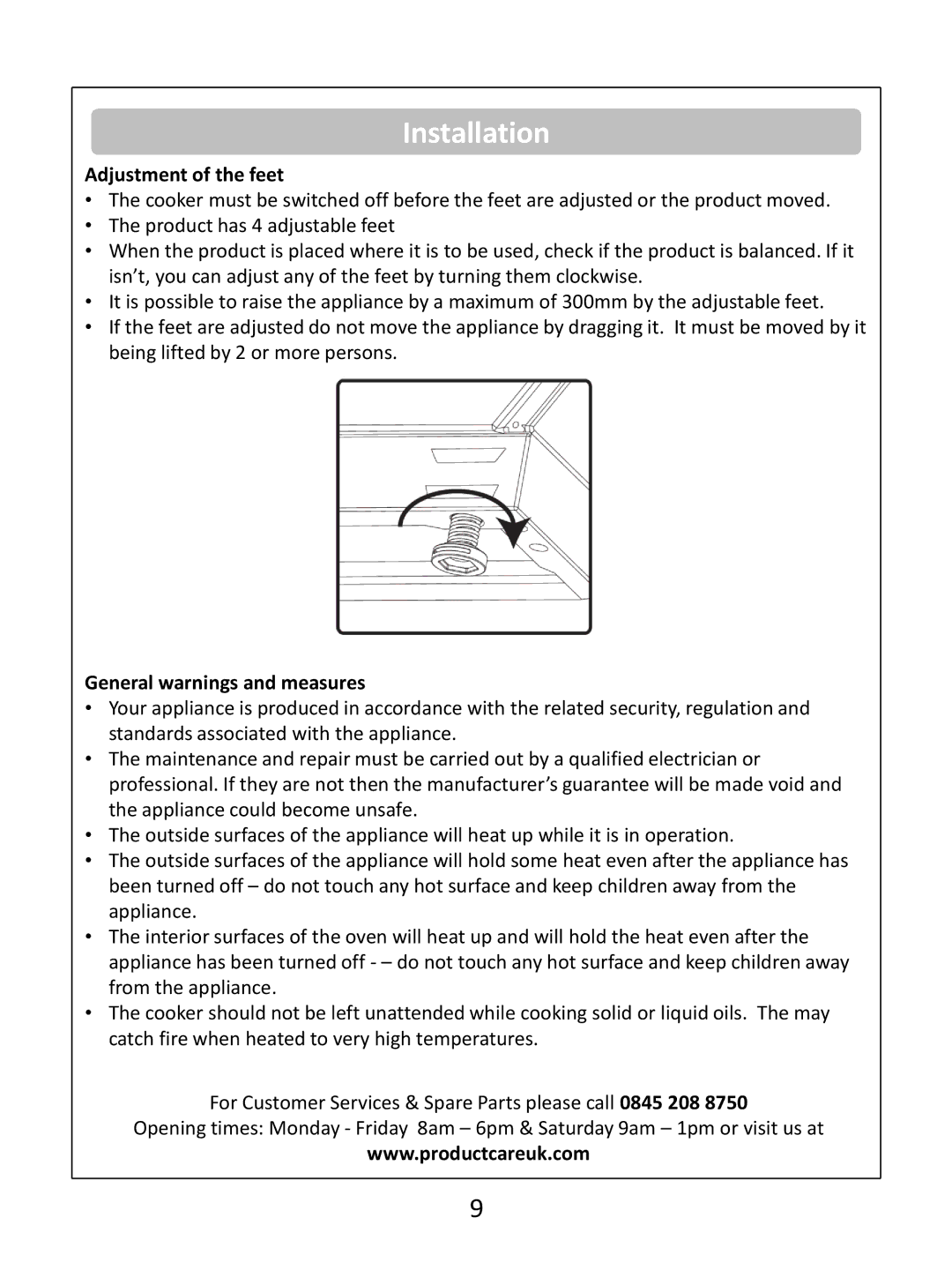 Russell Hobbs RHEC1 instruction manual Adjustment of the feet, General warnings and measures 