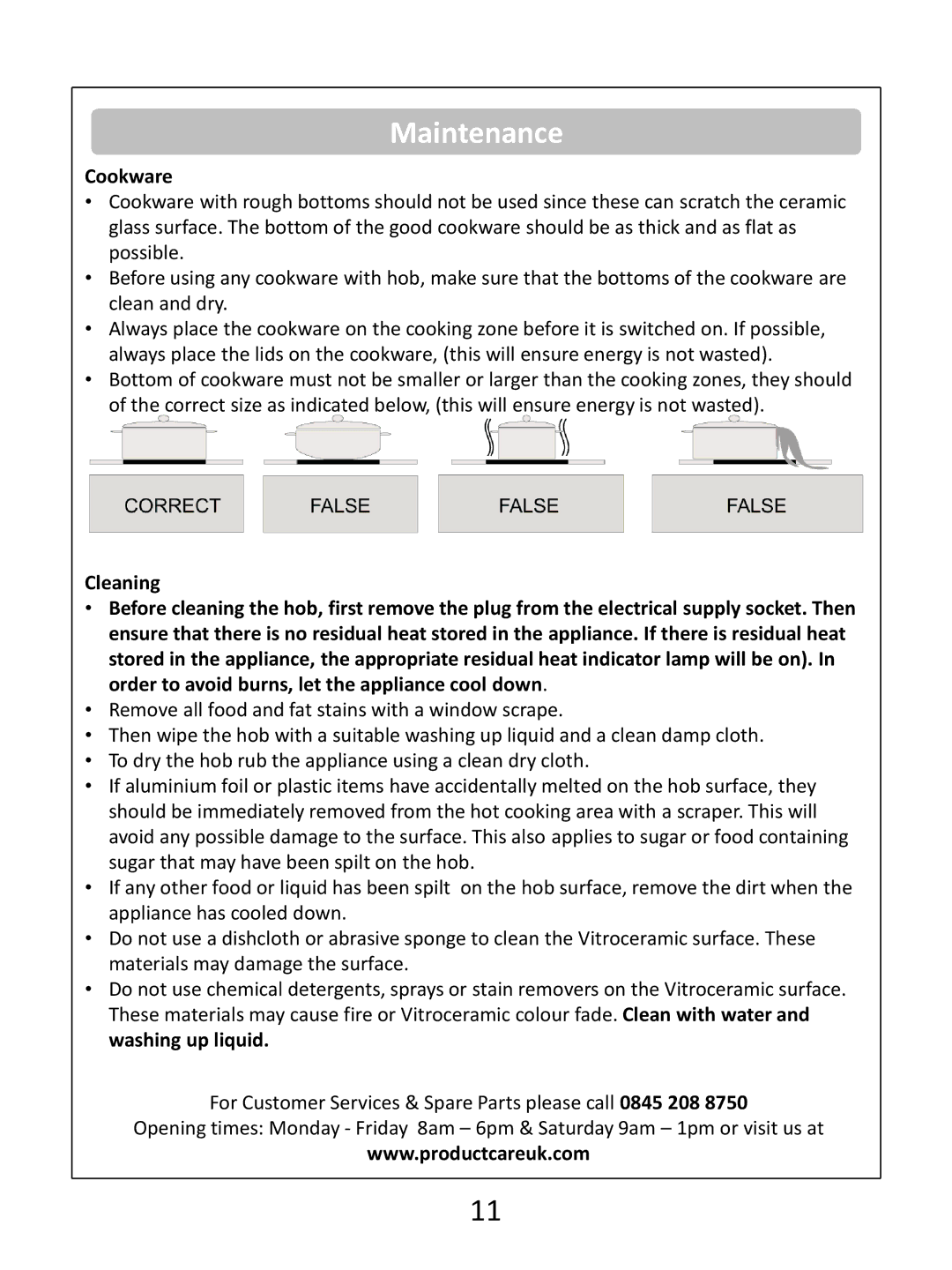 Russell Hobbs RHEH1 instruction manual Maintenance, Cookware 