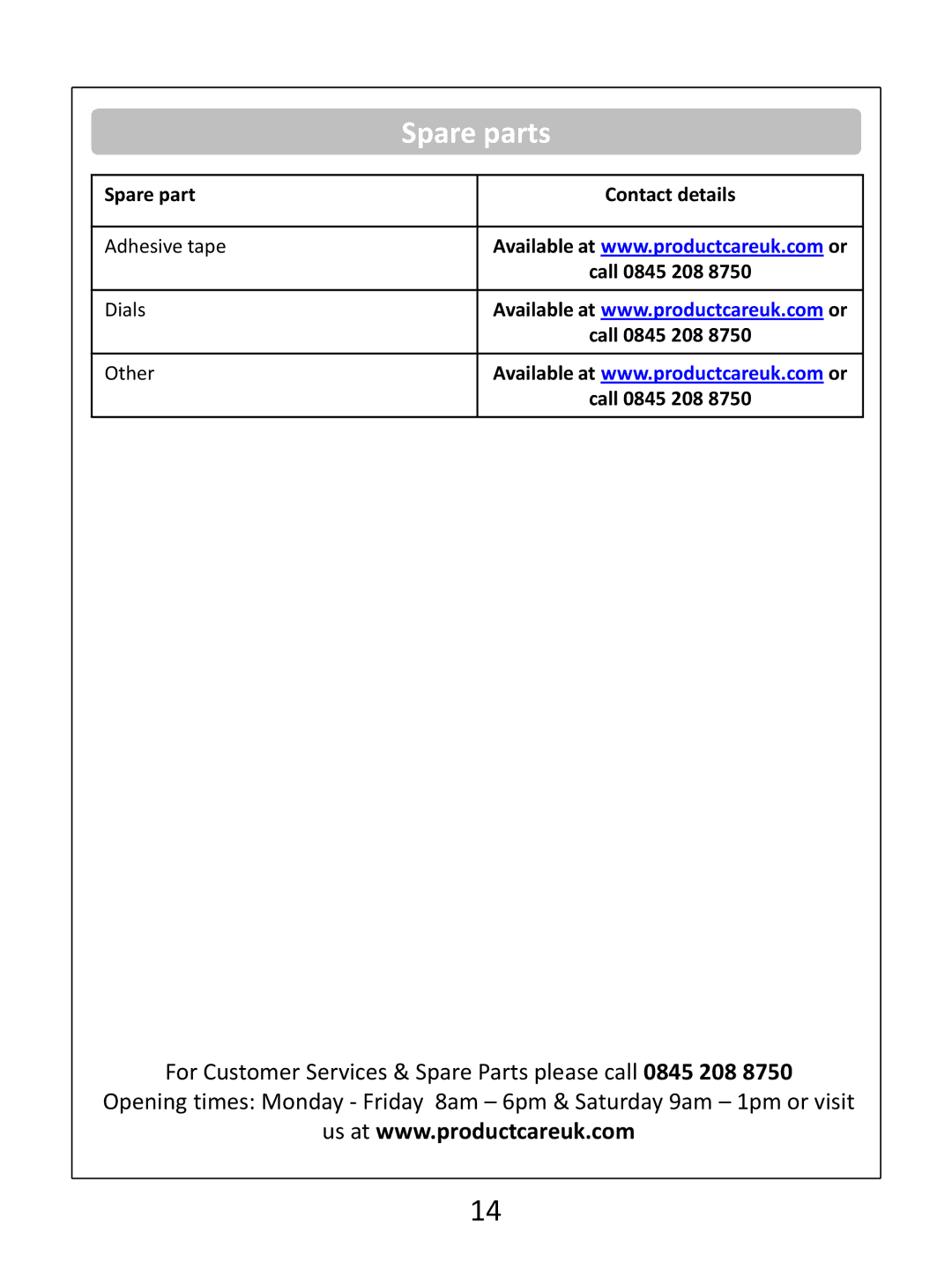 Russell Hobbs RHEH1 instruction manual Spare parts, Adhesive tape Call 0845 208 Dials Other 