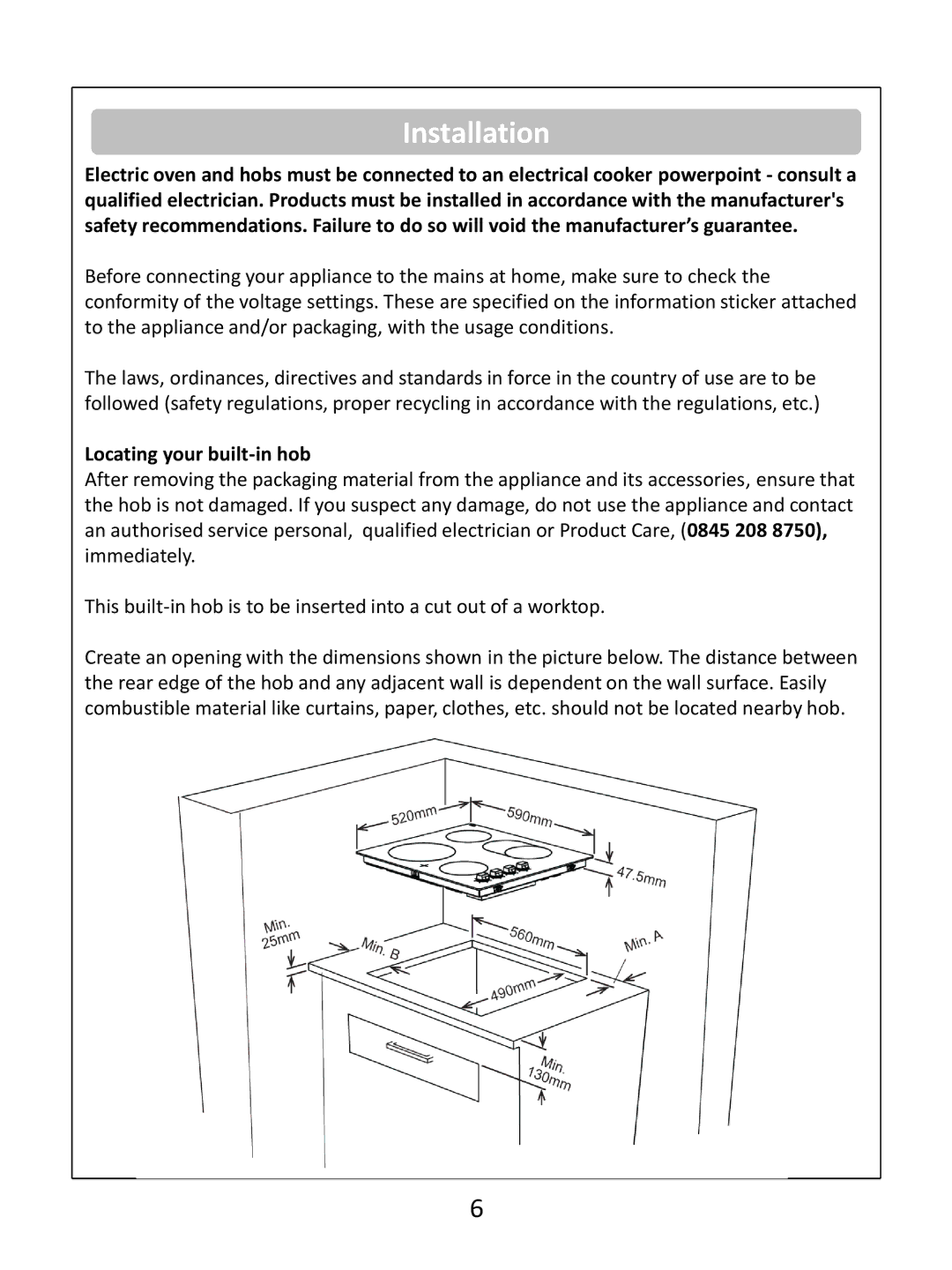 Russell Hobbs RHEH1 instruction manual Installation, Locating your built-in hob 