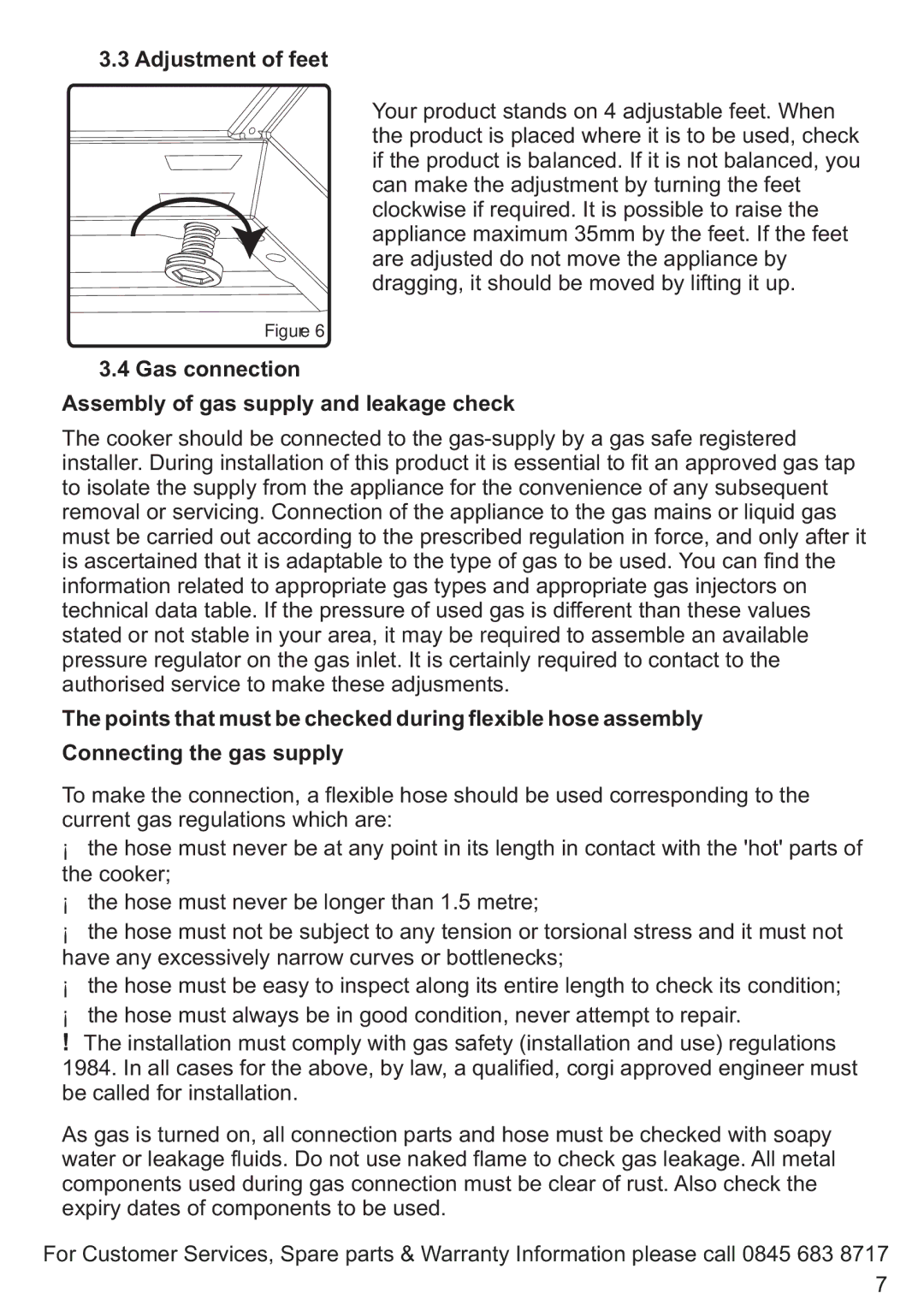 Russell Hobbs RHGC1 instruction manual Adjustment of feet, Gas connection Assembly of gas supply and leakage check 