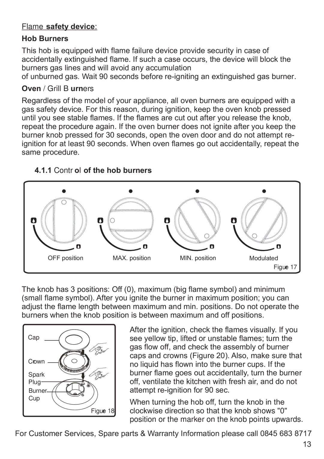 Russell Hobbs RHGC1 instruction manual Flame safety device Hob Burners, Oven / Grill Burners, Control of the hob burners 