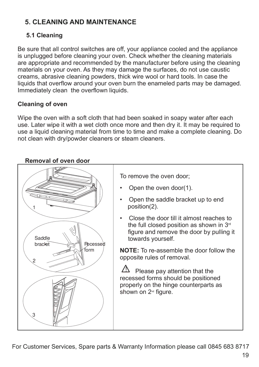 Russell Hobbs RHGC1 instruction manual Cleaning and Maintenance, Cleaning of oven, Removal of oven door 