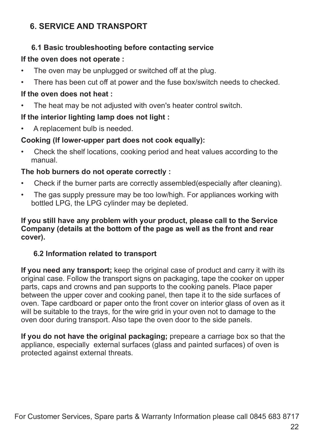 Russell Hobbs RHGC1 Service and Transport, If the oven does not heat, If the interior lighting lamp does not light 