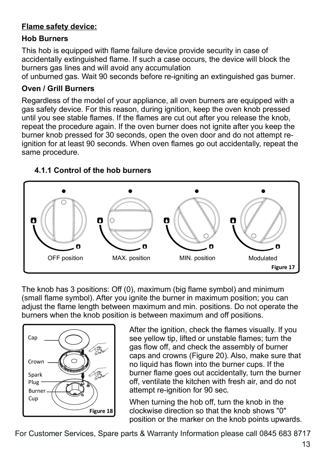 Russell Hobbs RHGC1 instruction manual Flame safety device Hob Burners, Oven / Grill Burners, Control of the hob burners 