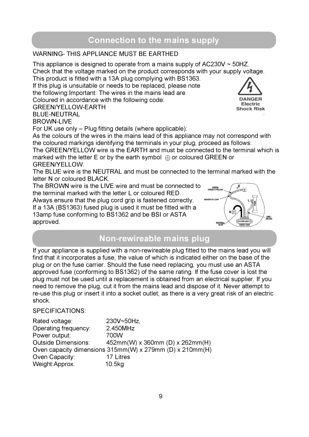 Russell Hobbs RHM1709-G instruction manual Connection to the mains supply, Non-rewireable mains plug 