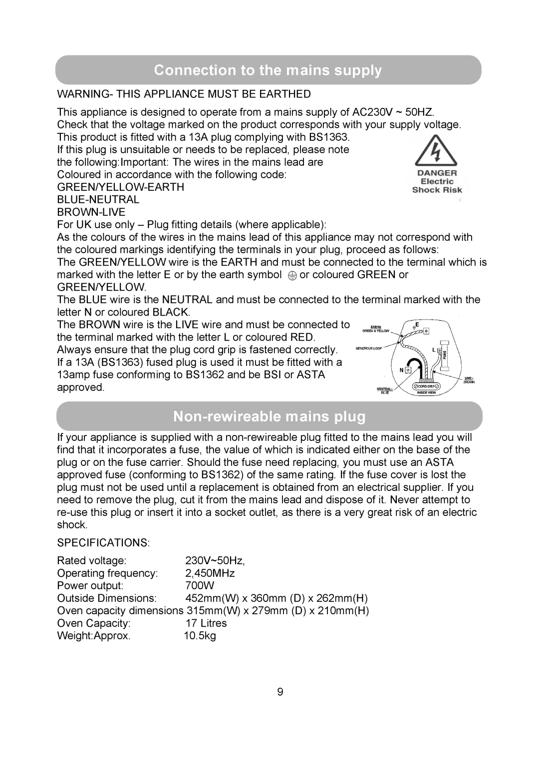 Russell Hobbs RHM1709 user manual Connection to the mains supply, Non-rewireable mains plug 