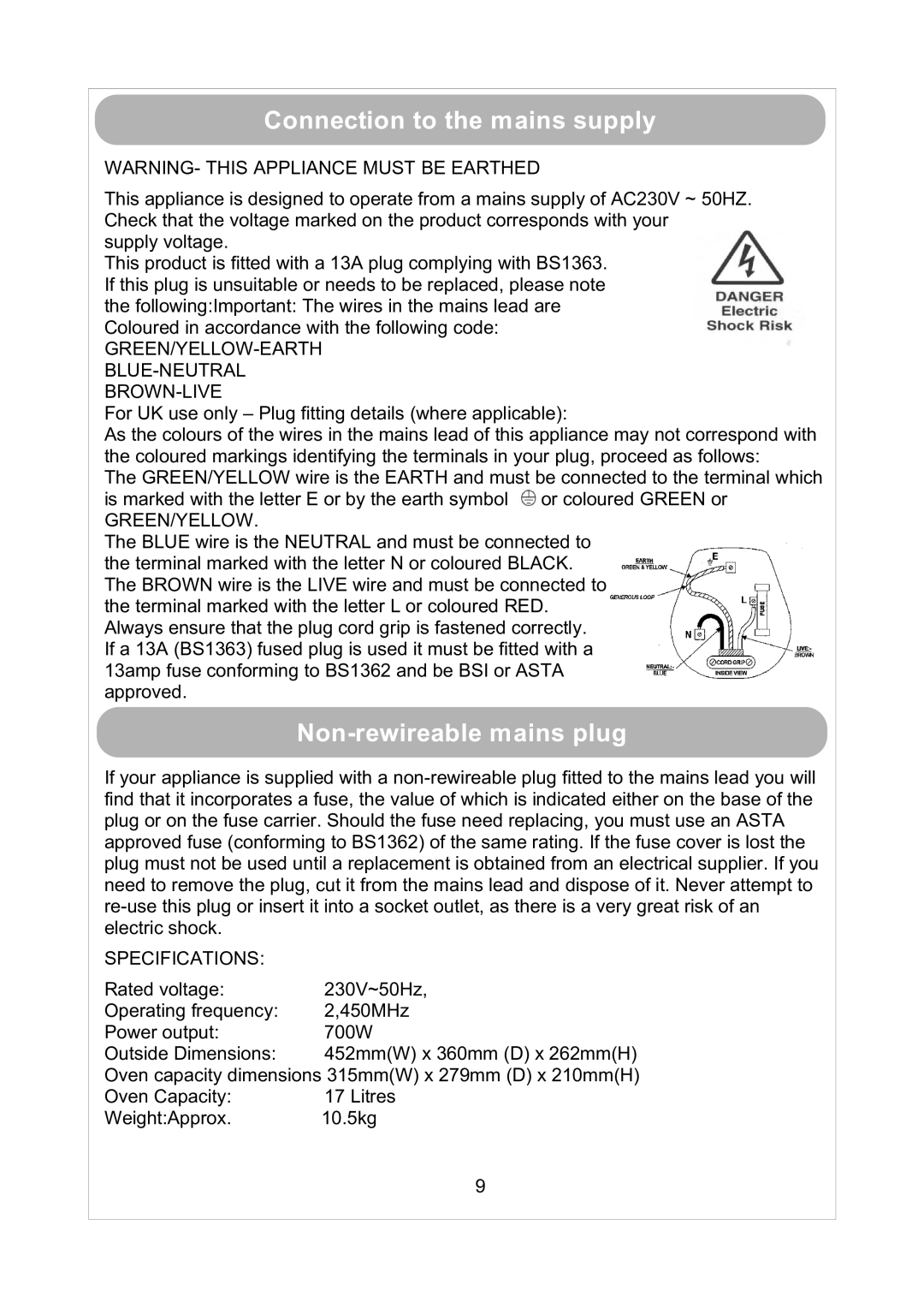 Russell Hobbs RHM1709S user manual Connection to the mains supply, Non-rewireable mains plug 