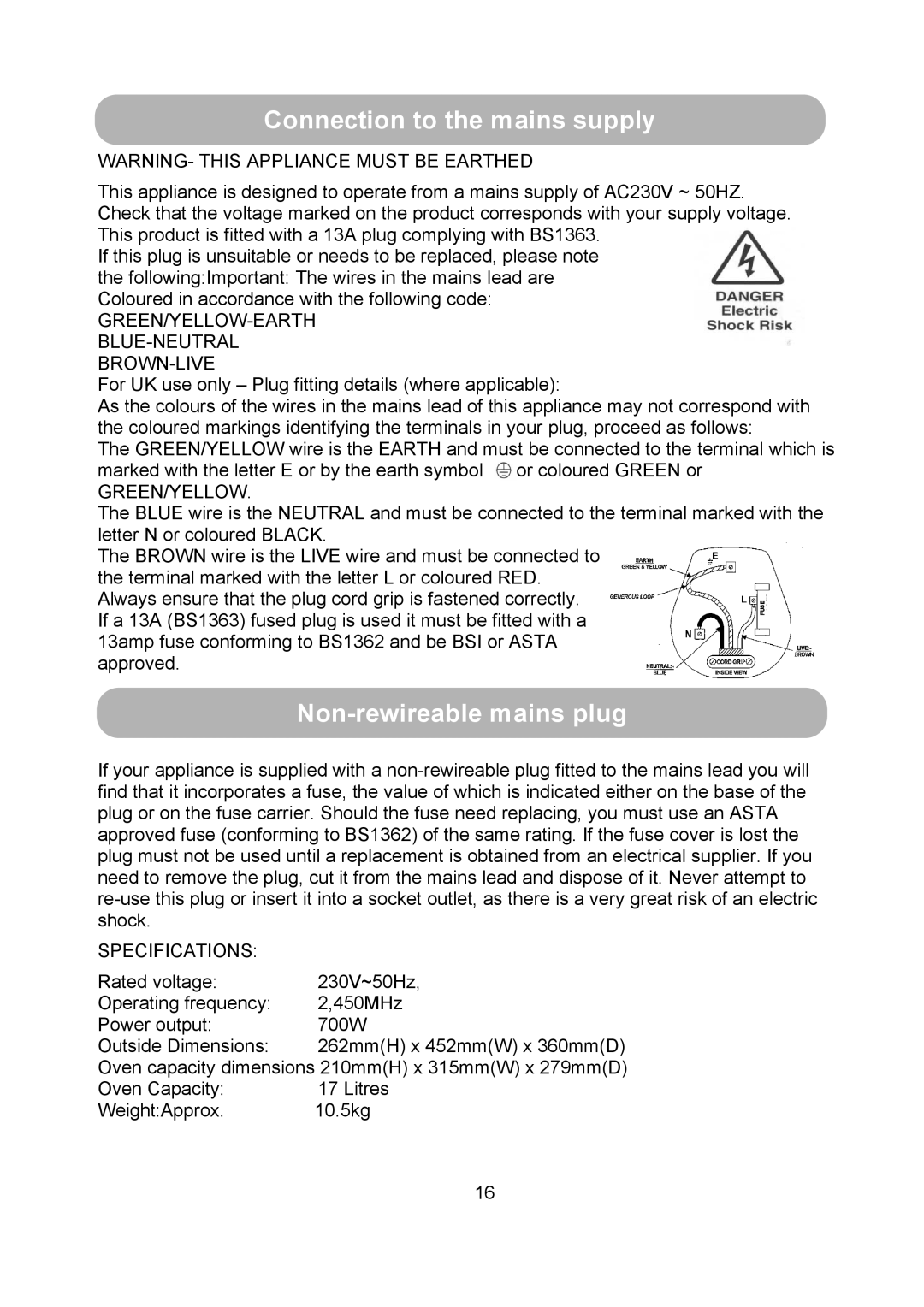 Russell Hobbs RHM1710 user manual Connection to the mains supply, Non-rewireable mains plug 
