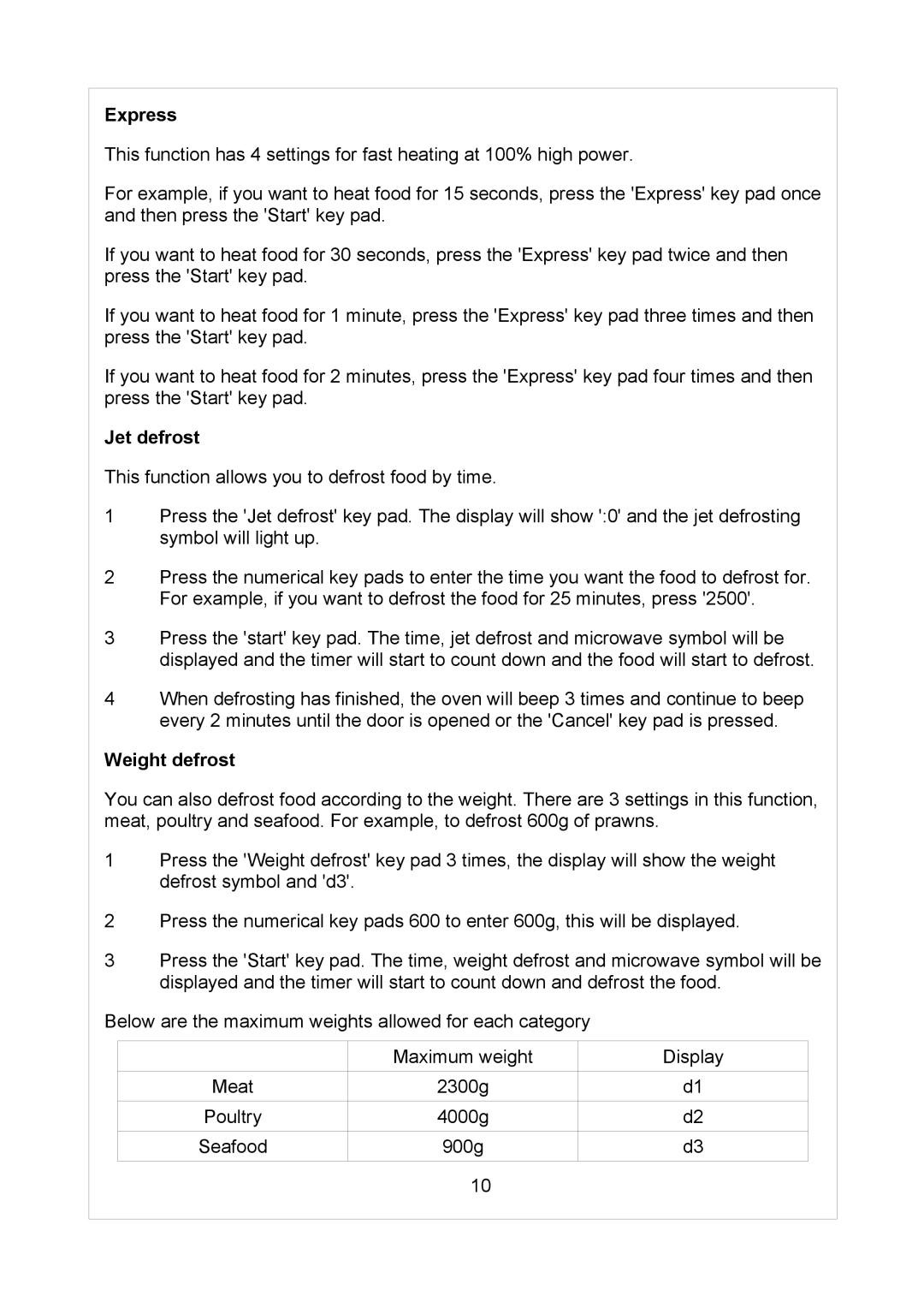 Russell Hobbs RHM1712 user manual Express, Jet defrost, Weight defrost 