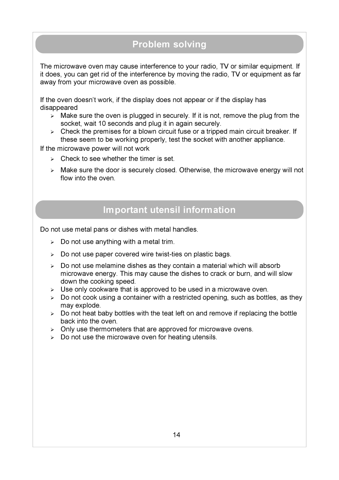 Russell Hobbs RHM1712 user manual Problem solving, Important utensil information 