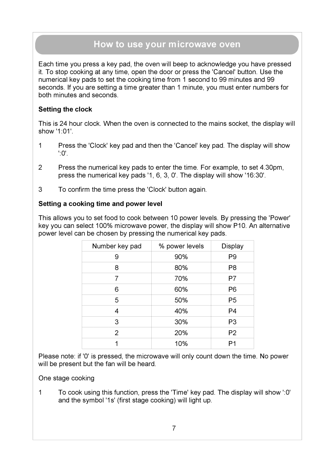 Russell Hobbs RHM1712 How to useControlyour microwavepanel oven, Setting the clock, Setting a cooking time and power level 