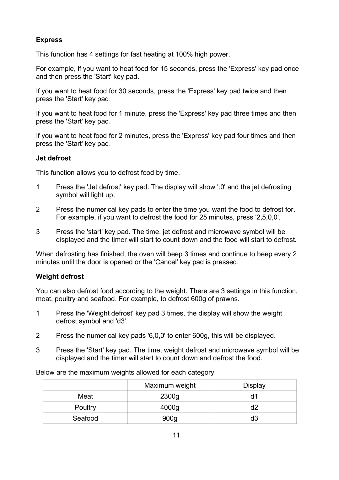 Russell Hobbs RHM1718B user manual Express, Jet defrost, Weight defrost 